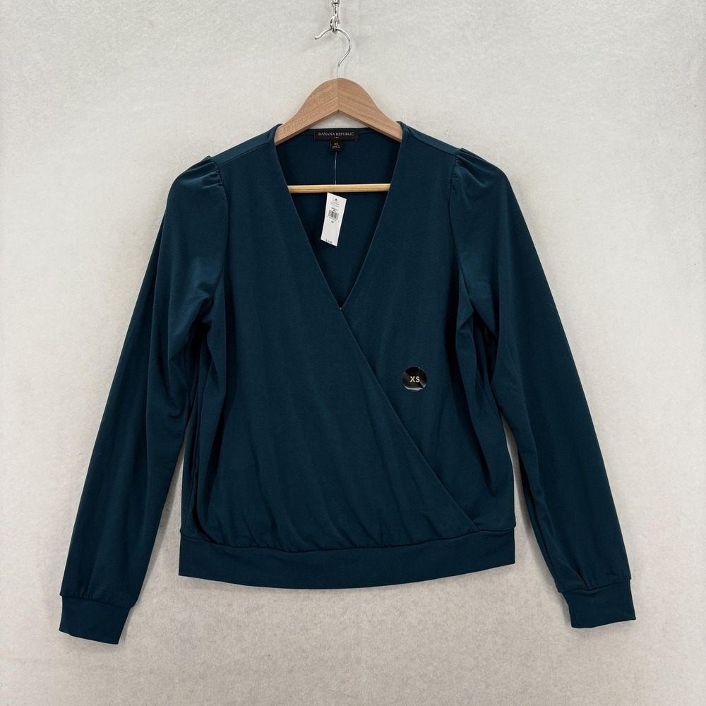 Banana Republic Blouse Womens XS Blue Crepe Faux Wrap V Neck Long Sleeve NWT